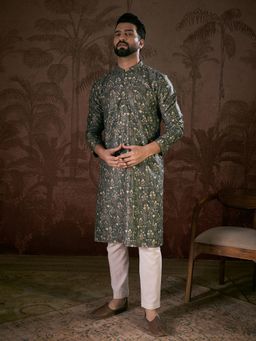 ETHNIC BAY - Men Silk Blend Olive Floral Kurta with Pyjama