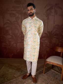 ETHNIC BAY - Men Silk Blend Cream Floral Kurta with Pyjama