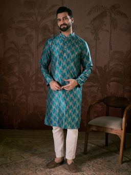ETHNIC BAY - Men Silk Blend Turquoise Geometric Kurta with Pyjama