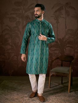 ETHNIC BAY - Men Silk Blend Teal Floral Kurta with Pyjama