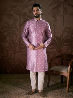ETHNIC BAY - Men Silk Blend Lavender Floral Kurta with Pyjama
