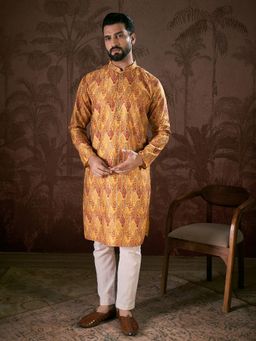 ETHNIC BAY - Men Silk Blend Mustard Floral Kurta with Pyjama