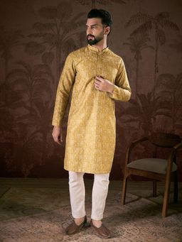 ETHNIC BAY - Men Silk Blend Mustard Printed Kurta with Pyjama