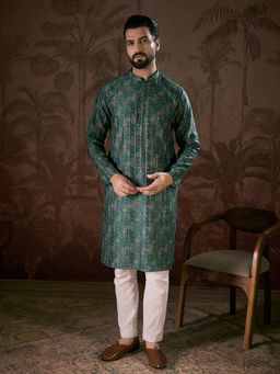 ETHNIC BAY - Men Silk Blend Green Printed Kurta with Pyjama