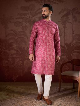 ETHNIC BAY - Men Silk Blend Pink Printed Kurta with Pyjama