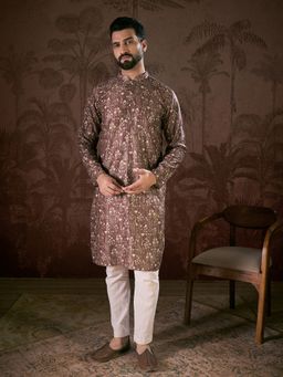 ETHNIC BAY - Men Silk Blend Mauve Floral Kurta with Pyjama