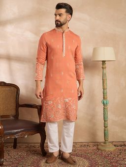 ETHNIC BAY - Men Silk Blend Peach Embroidered Kurta with Pyjama