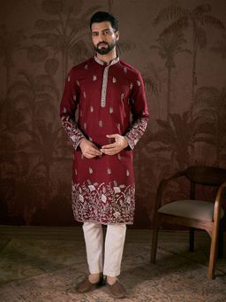 ETHNIC BAY - Men Silk Blend Maroon Embroidered Kurta with Pyjama