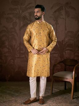 ETHNIC BAY - Men Silk Blend Yellow Floral Kurta with Pyjama