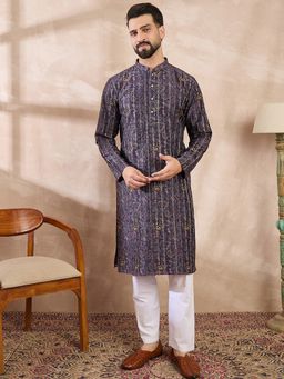 ETHNIC BAY - Men Silk Blend Purple Floral Kurta with Pyjama
