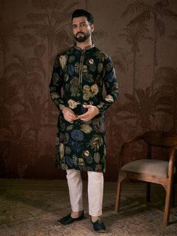 ETHNIC BAY - Men Silk Blend Black Floral Kurta with Pyjama