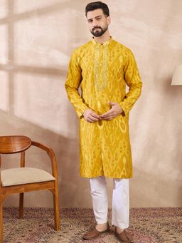 ETHNIC BAY - Men Viscose Rayon Yellow Geometric Kurta with Pyjama