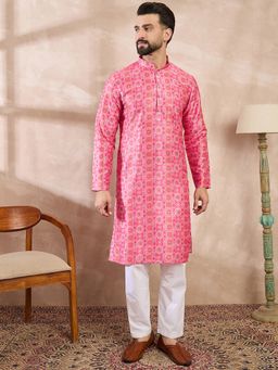 ETHNIC BAY - Men Silk Blend Pink Ethnic Kurta with Pyjama
