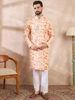 ETHNIC BAY - Men Silk Blend Orange Embroidered Kurta with Pyjama