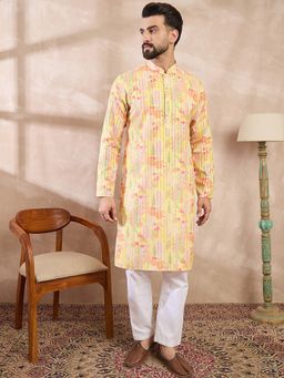 ETHNIC BAY - Men Silk Blend Yellow Abstract Kurta with Pyjama