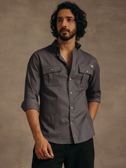 Andamen - Men Grey Pocket Detail Cotton Regular Fit Shirt