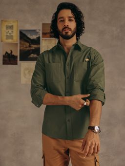 Andamen - Men Olive Pocket Detail Cotton Regular Fit Shirt