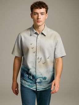 BULLMER - Trendy Regular Fit Cotton Blend Printed Casual Half Sleeve Grey Shirt