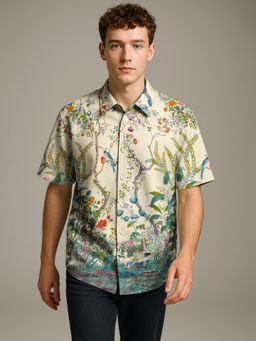 BULLMER - Trendy Regular Fit Cotton Blend Printed Casual Half Sleeve Green Shirt