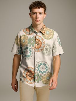 BULLMER - Trendy Regular Fit Cotton Blend Printed Casual Half Sleeve Off White Shirt