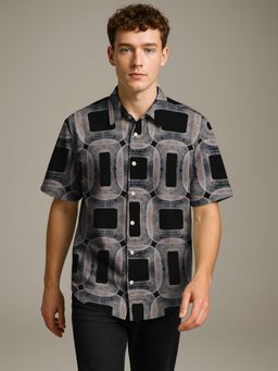 BULLMER - Trendy Cotton Blend Geometric Casual Half Sleeve Black Shirt
