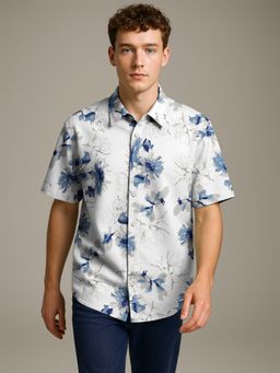 BULLMER - Trendy Regular Fit Cotton Blend Floral Print Casual Half Sleeve White Shirt