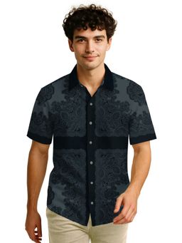 BULLMER - Trendy Regular Fit Cotton Blend Self Design Half Sleeve Blue Shirt