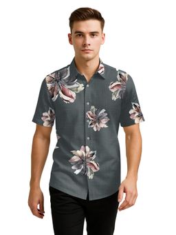 BULLMER - Trendy Regular Fit Cotton Blend Casual Floral Print Half Sleeve Grey Shirt