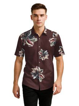 BULLMER - Trendy Regular Fit Cotton Blend Floral Print Casual Half Sleeve Brown Shirt