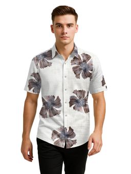 BULLMER - Trendy Regular Fit Cotton Blend Casual Half Sleeve Floral Print White Shirt