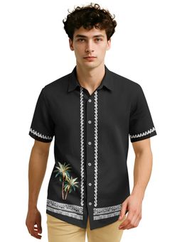 BULLMER - Trendy Regular Fit Cotton Blend Printed Casual Half Sleeve Black Shirt
