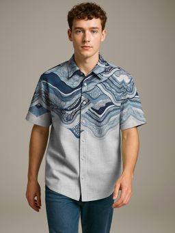 BULLMER - Trendy Regular Fit Cotton Blend Printed Casual Half Sleeve Blue Shirt