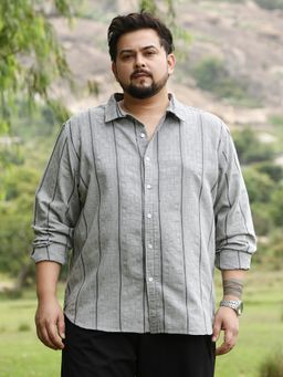 Instafab Plus - Men Cloud Grey Geo Stripe Jacquard Shirt