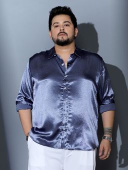 Instafab Plus - Men Navy Blue Solid Satin Regular Shirt