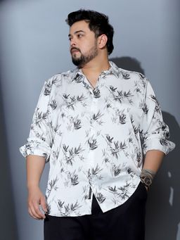 Instafab Plus - Men Midnight Black and Cream White Faded Leaf Imprint Satin Shirt