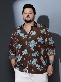 Instafab Plus - Men Powder Brown Contrast Roses Imprint Shirt