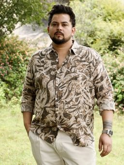 Instafab Plus - Men Chocolate Brown Floral Block Imprint Shirt