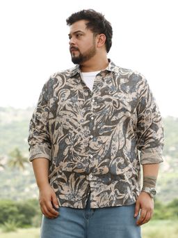 Instafab Plus - Men Ash Grey Floral Block Jacquard Shirt