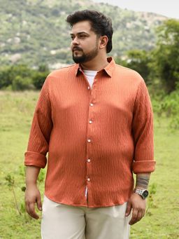 Instafab Plus - Men Saffron Orange Textured Creased Tactile Shirt