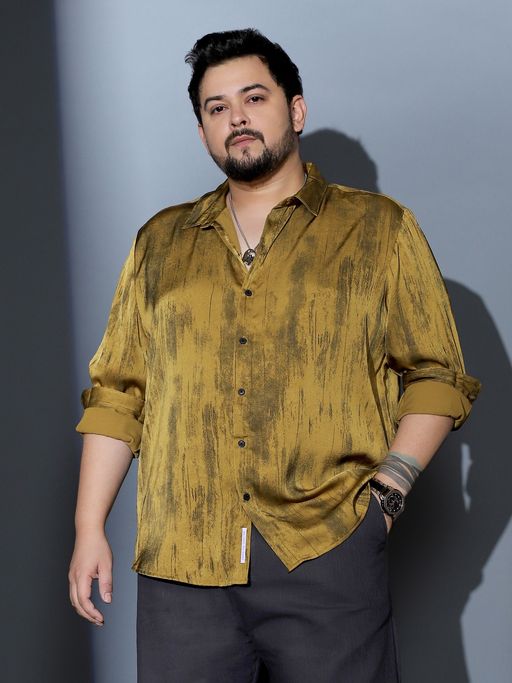 Instafab Plus Men Mustard Yellow Gleaming Grazed Satin Shirt