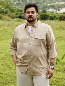 Instafab Plus - Men Sand Beige Thread Jacquard Shirt