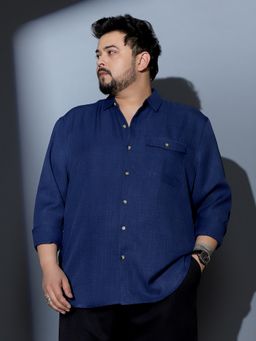 Instafab Plus - Men Midnight Blue Solid Dobby Regular Shirt