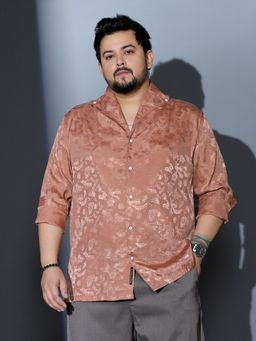 Instafab Plus - Men Dark Peach Flake Jacquard Satin Shirt