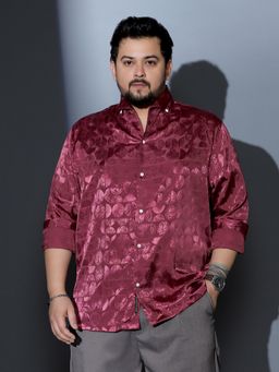 Instafab Plus - Men Wine Red Semi Curve Jacquard Satin Shirt
