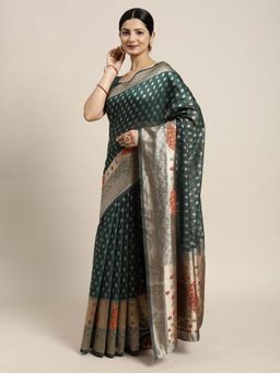 Sareemall - Women Cotton Silk Green Woven Saree with Unstitched Blouse
