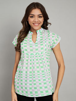 AMAGYAA - Green Geometric Print Mandarin Collar Cotton Top