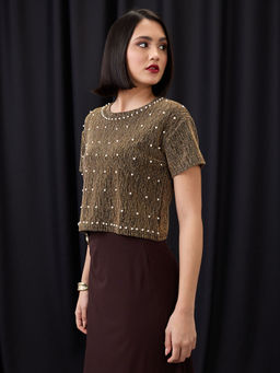 Globus - Brown Round Neck Pearl Embellished Detail Lurex Party Crop Top
