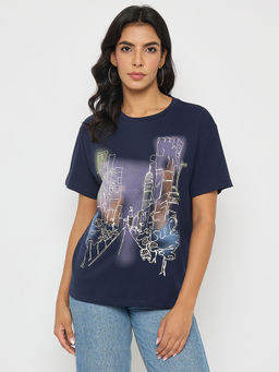 Madame - Graphic Print Navy Blue Cotton T-shirt