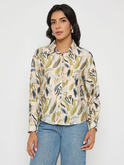 Madame - Abstract Print Olive Green Rayon Blend Shirt