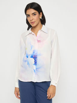 Madame - Floral Print Contrast Collar White Shirt